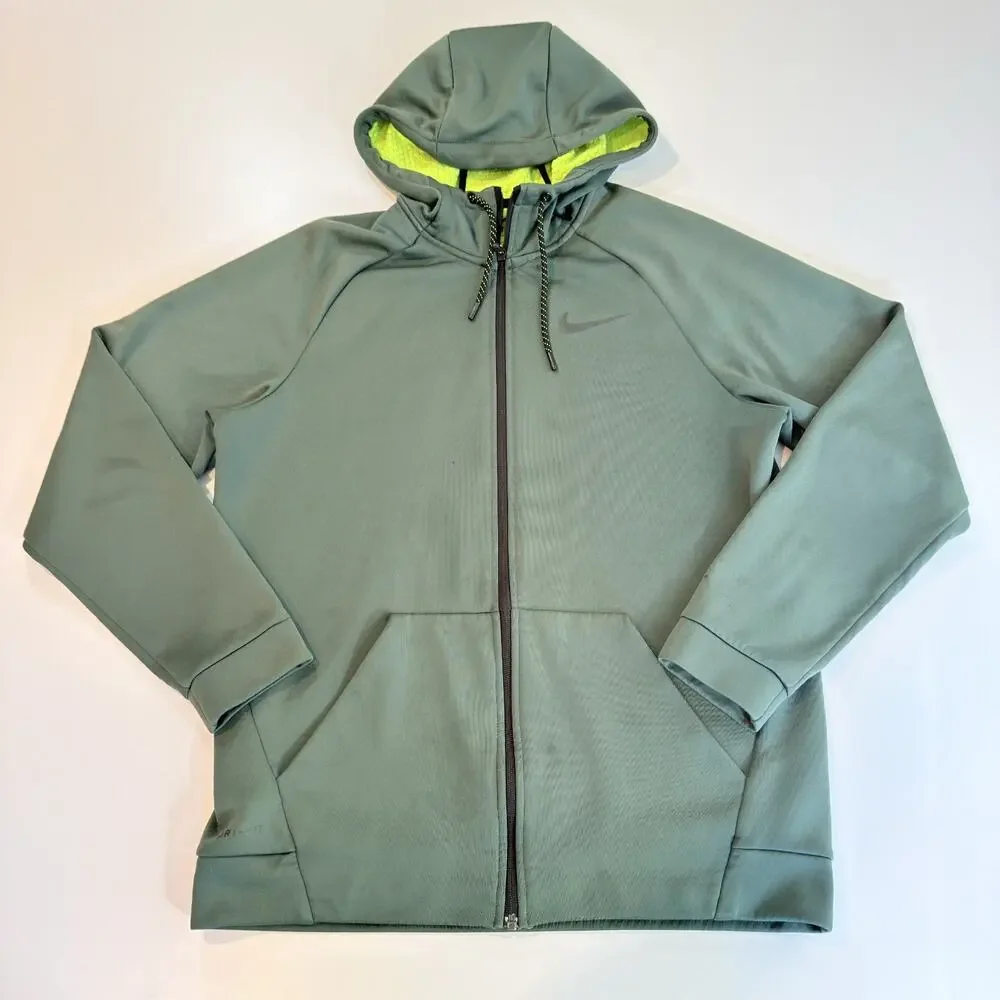 Nike Mens L Therma Fit Green Full Zip Running Hoodie Jacket Training Athletic
